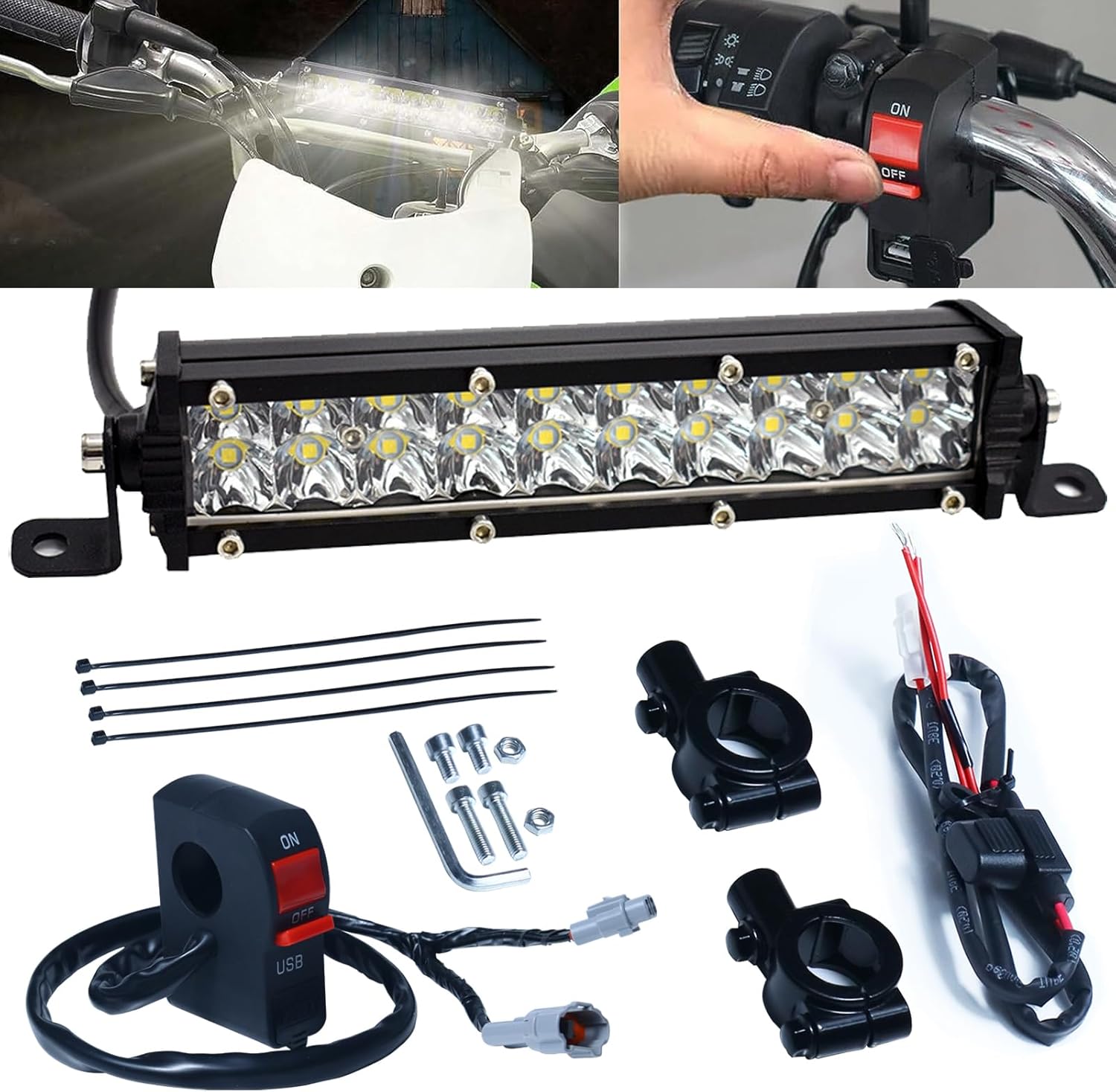 Kit de barra de luz de motocicleta para KLX110 CRF110 TTR110 YZ250F se adapta a la mayoría de barras de luz de manillar de 78 pulgadas de 60 W con