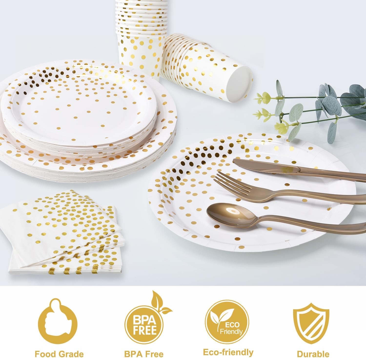 Suministros de fiesta blancos y dorados, juego de vajilla desechable de 168 piezas para 25, platos de papel blanco, servilletas, vasos, tenedores de