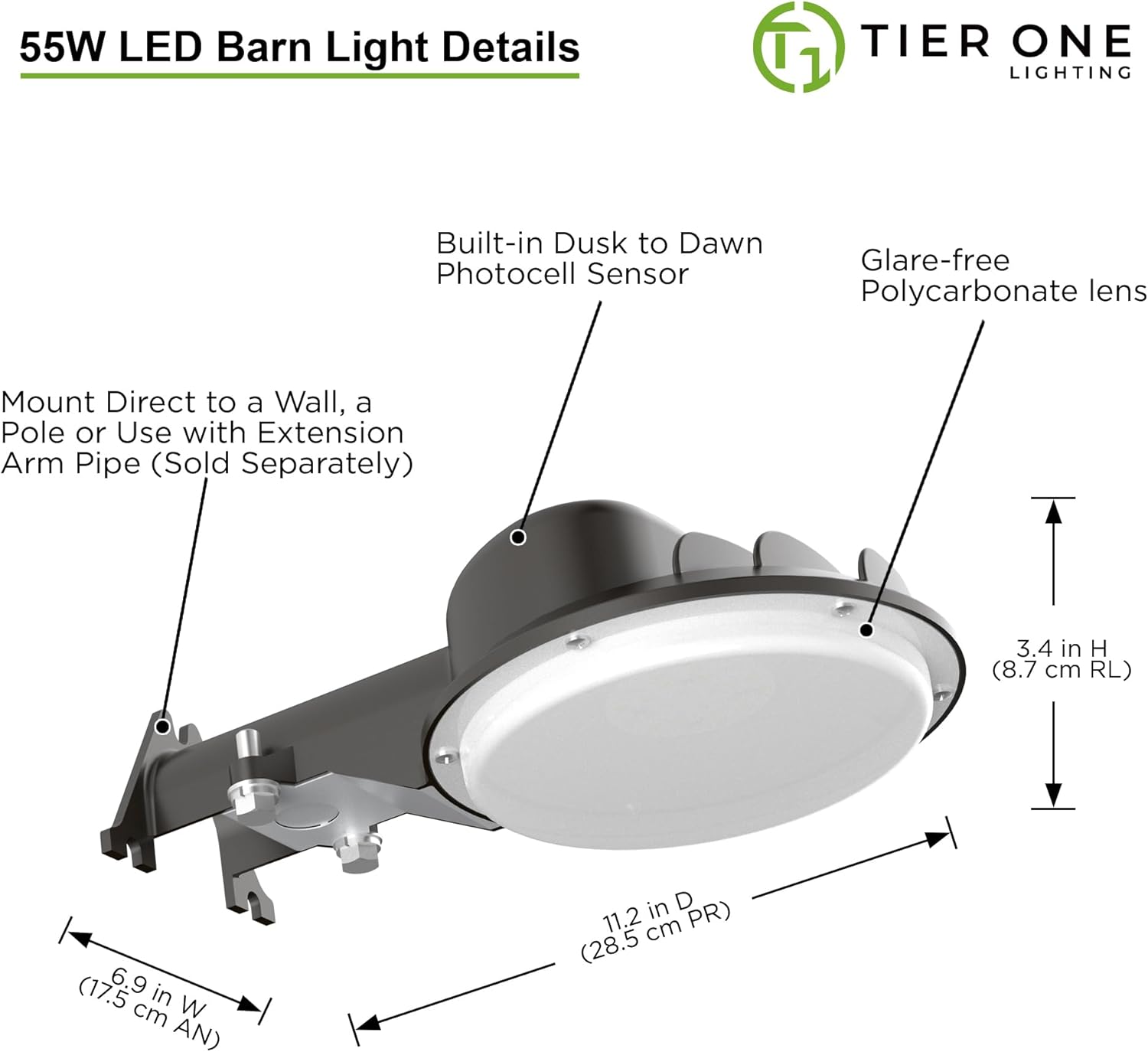 Luz LED de granero de 55 W, iluminación de patio del atardecer al amanecer con fotocélula con fotocélula luz de seguridad LED de cielo oscuro