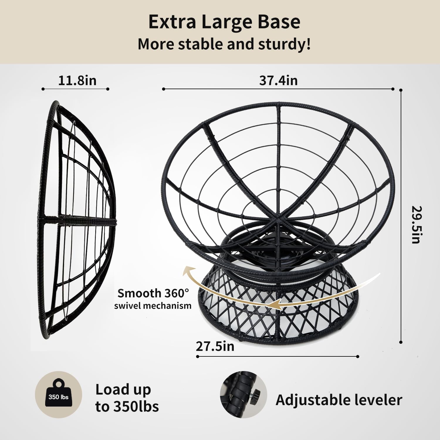 Silla Papasan giratoria de mimbre de ratán de 360 con base grande y cojín para sala de estar, dormitorio, sala de lectura, sala de ocio (azul lago)