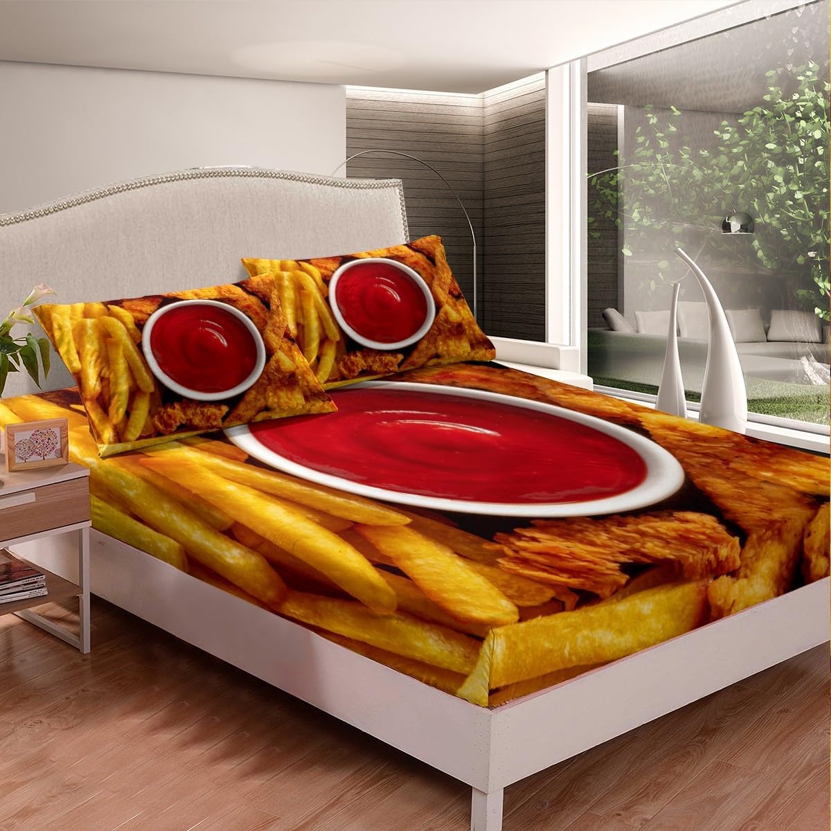 Feelyou Juego de sábanas de pollo y comida tamaño individual, sábanas de papas fritas con bolsillo profundo, juego de sábanas ajustables para niños