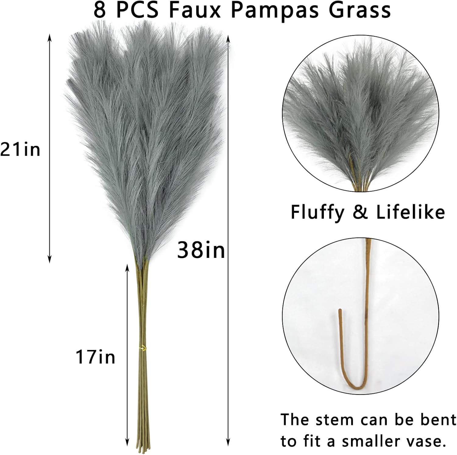 VIERENA 8 piezas de hierba sintética de las pampas de 38 pulgadas3.1 pies de alto, ramas de pompas artificiales grandes, plantas de florero para