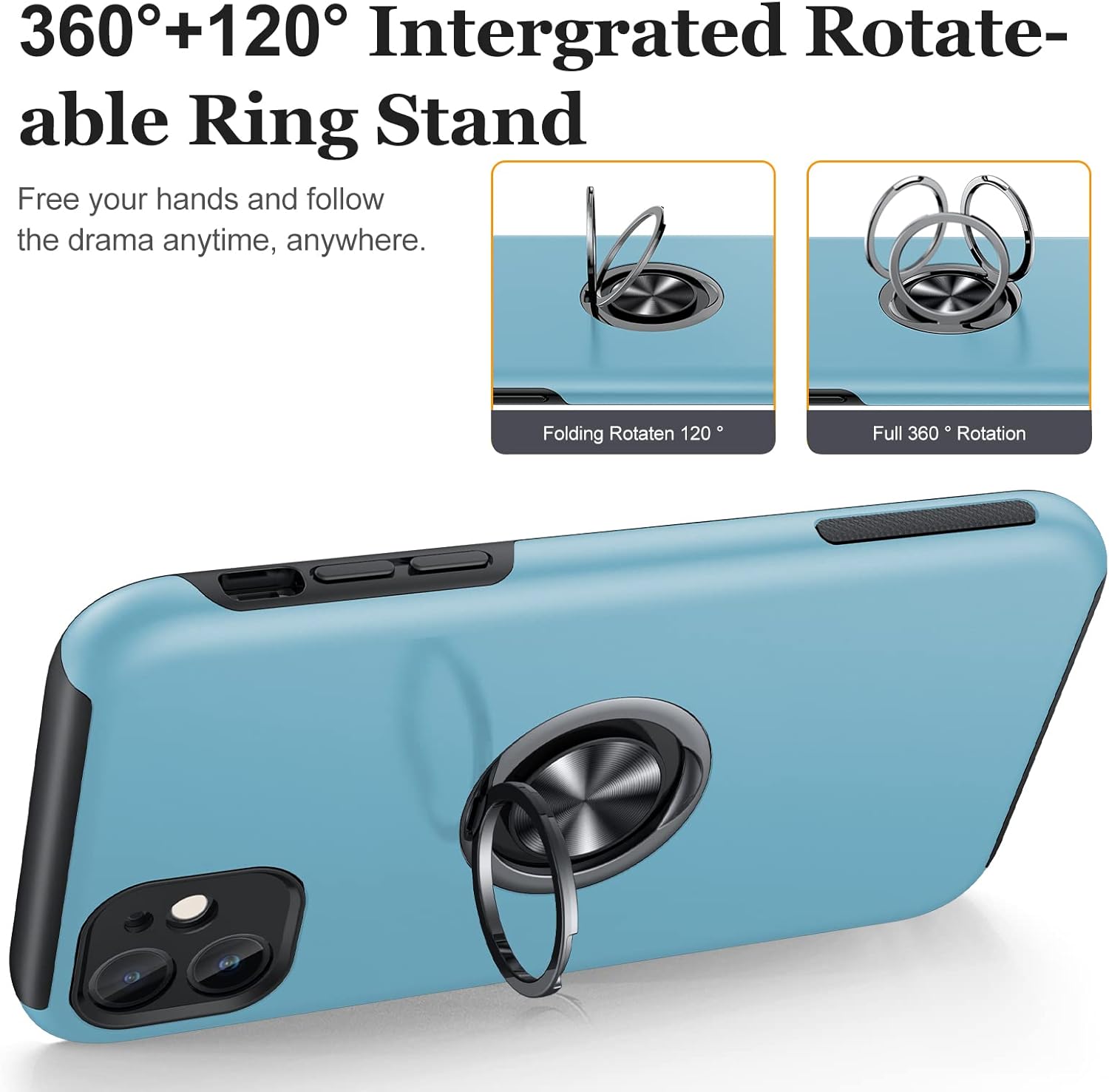 JAME Funda para iPhone 11 con protector de pantalla de vidrio templado, funda delgada y suave para iPhone 11, con soporte de anillo invisible y