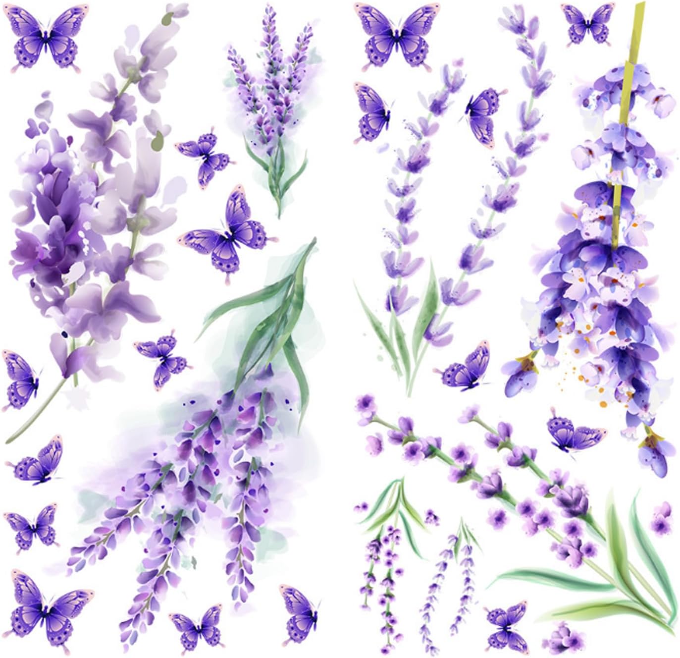 Payutou 2 hojas de calcomanías de pared de lavanda morada, flores, mariposas, bricolaje, acuarela, removibles, arte de pared para niños, niñas,