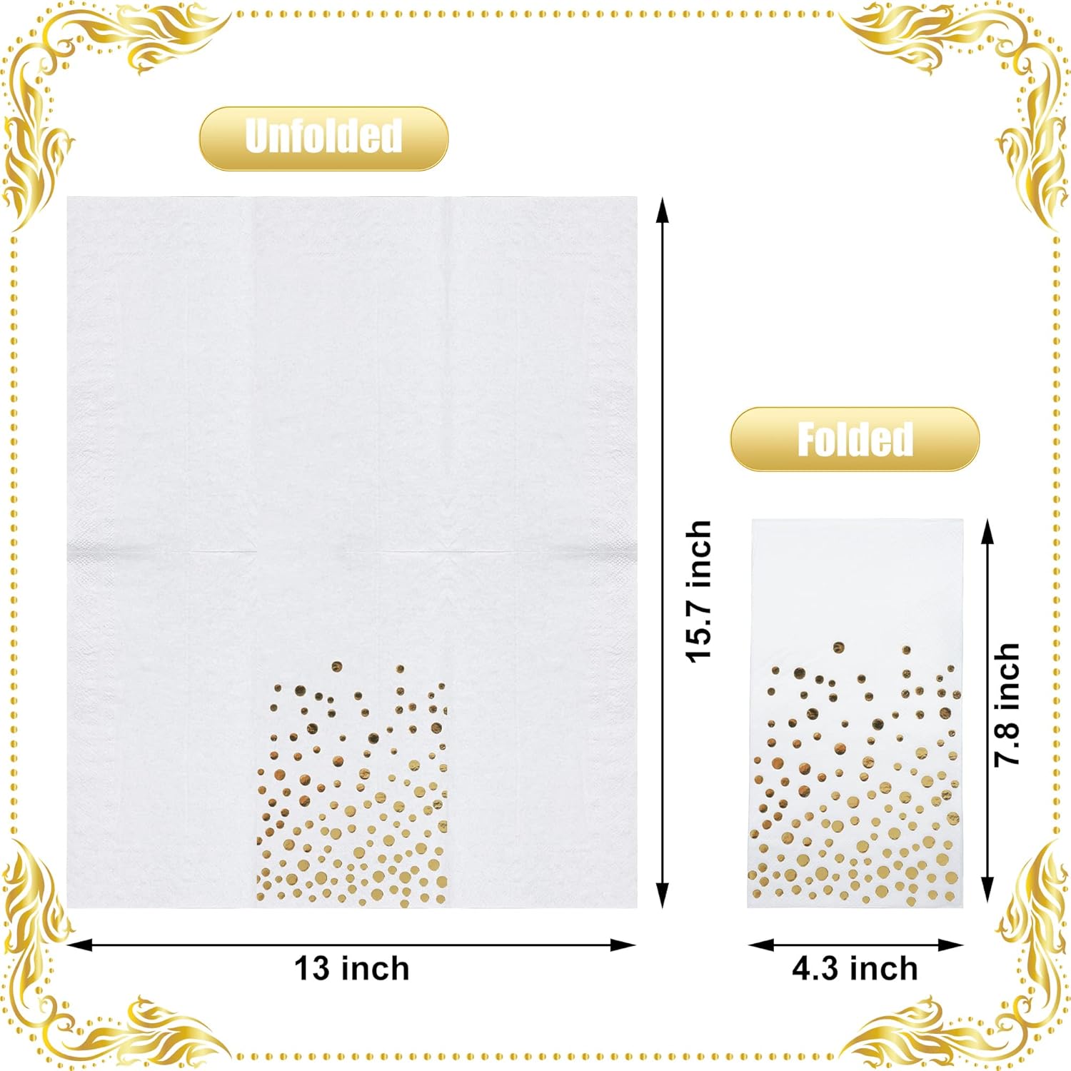 Paquete de 120 servilletas de papel de aluminio dorado con lunares blancos y dorados, toallas de mano desechables metálicas para boda, baby shower,