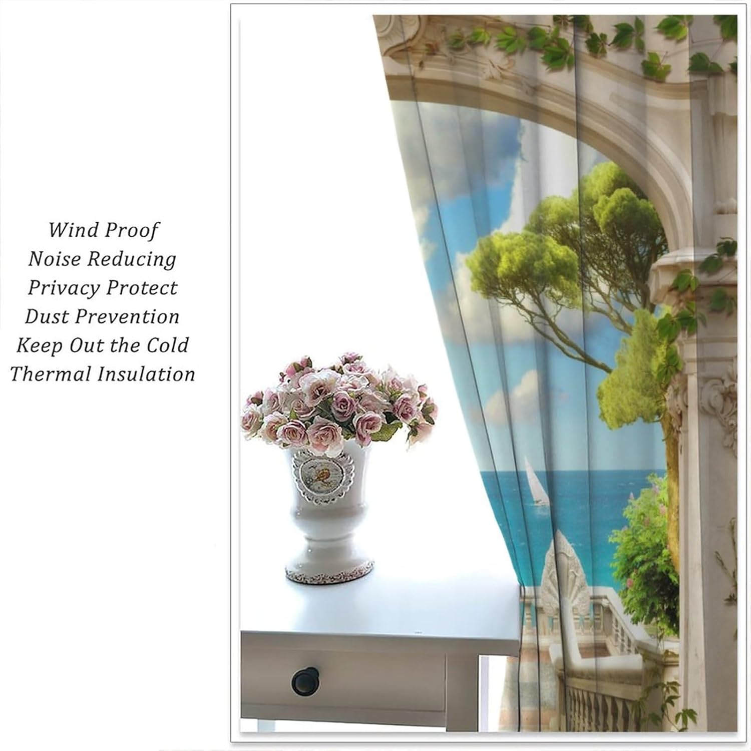 Cortinas de ventana de playa tropical de verano, cielo azul, mar, arco clásico, floral, vides, terraza, gaviotas, dormitorio, estudio, habitación de