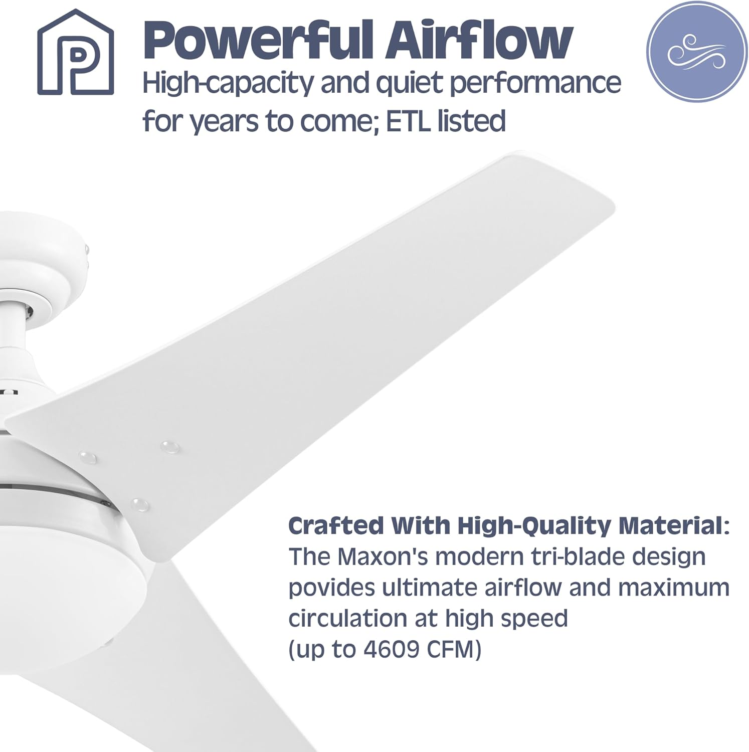 Prominence Home Maxon – Ventilador de techo para interiores de 52 pulgadas con luz LED, control remoto, 3 aspas modernas de alto rendimiento, flujo
