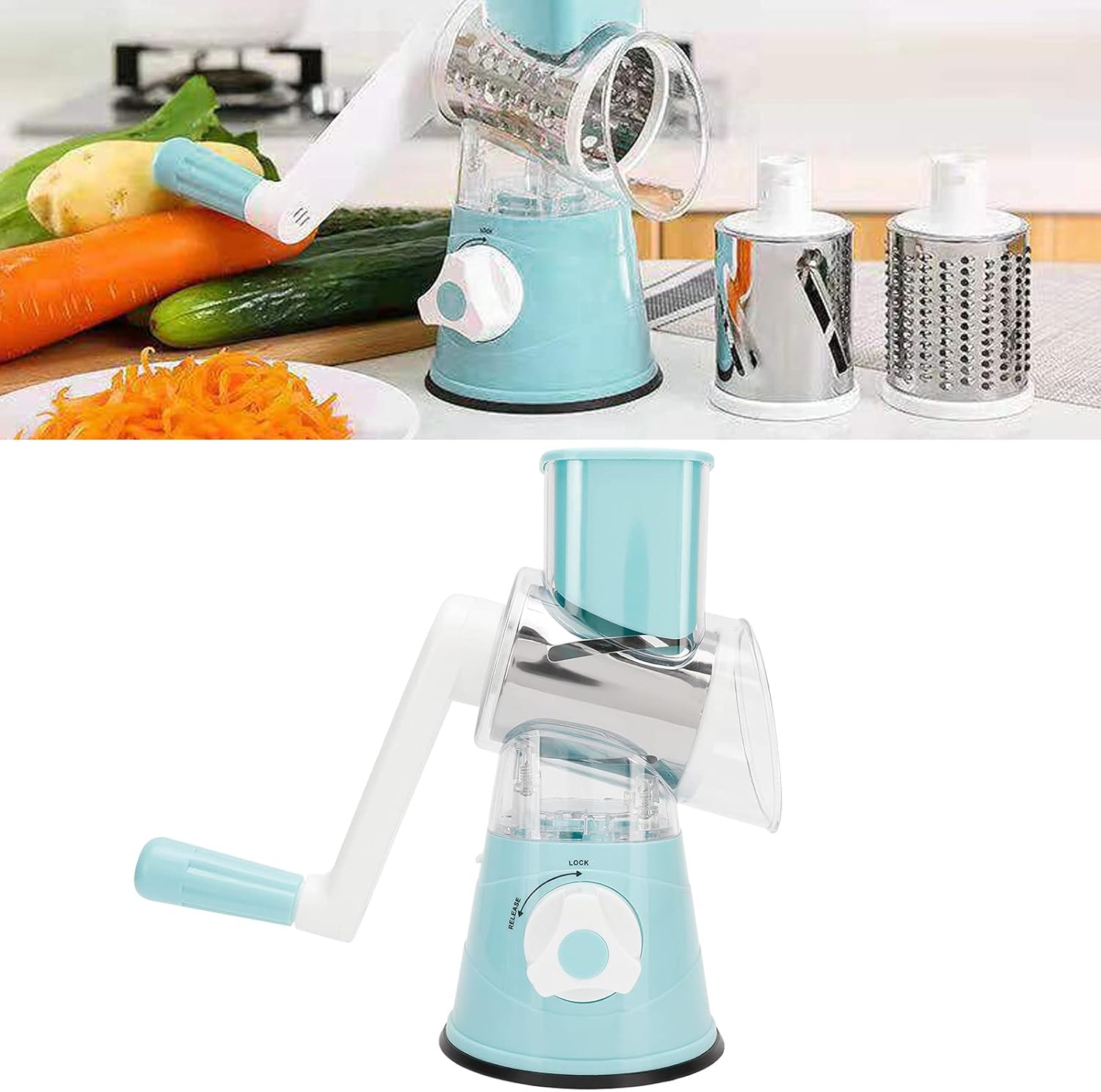 Rallador rotativo de queso, cortador manual de verduras, base de succión, 3 cuchillas intercambiables de acero inoxidable, molinillo de nuez, caja