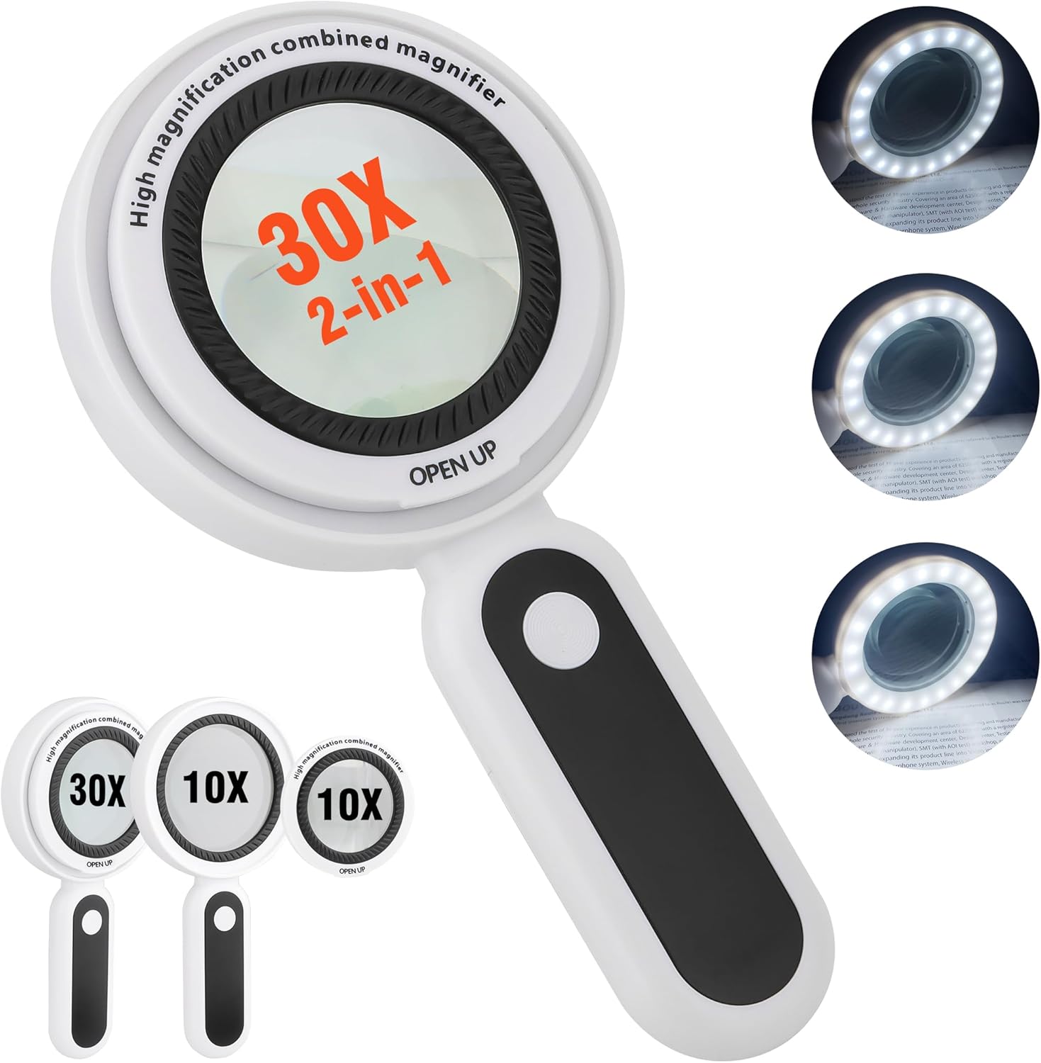 Lupa con luz, lupa iluminada 30X 10X con 21 luces LED, lupa de lectura para personas mayores grande, inspección, monedas, sellos, mapa, inspección,