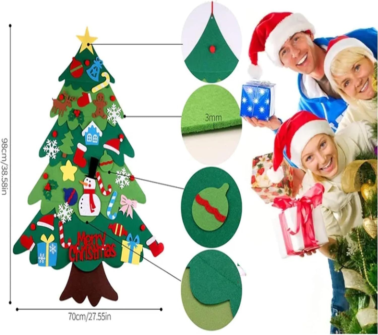 YIKSORE Árbol de Navidad de fieltro, árbol de Navidad Montessori para niños pequeños, juegos de árbol de Navidad artesanales para niños, calcomanías