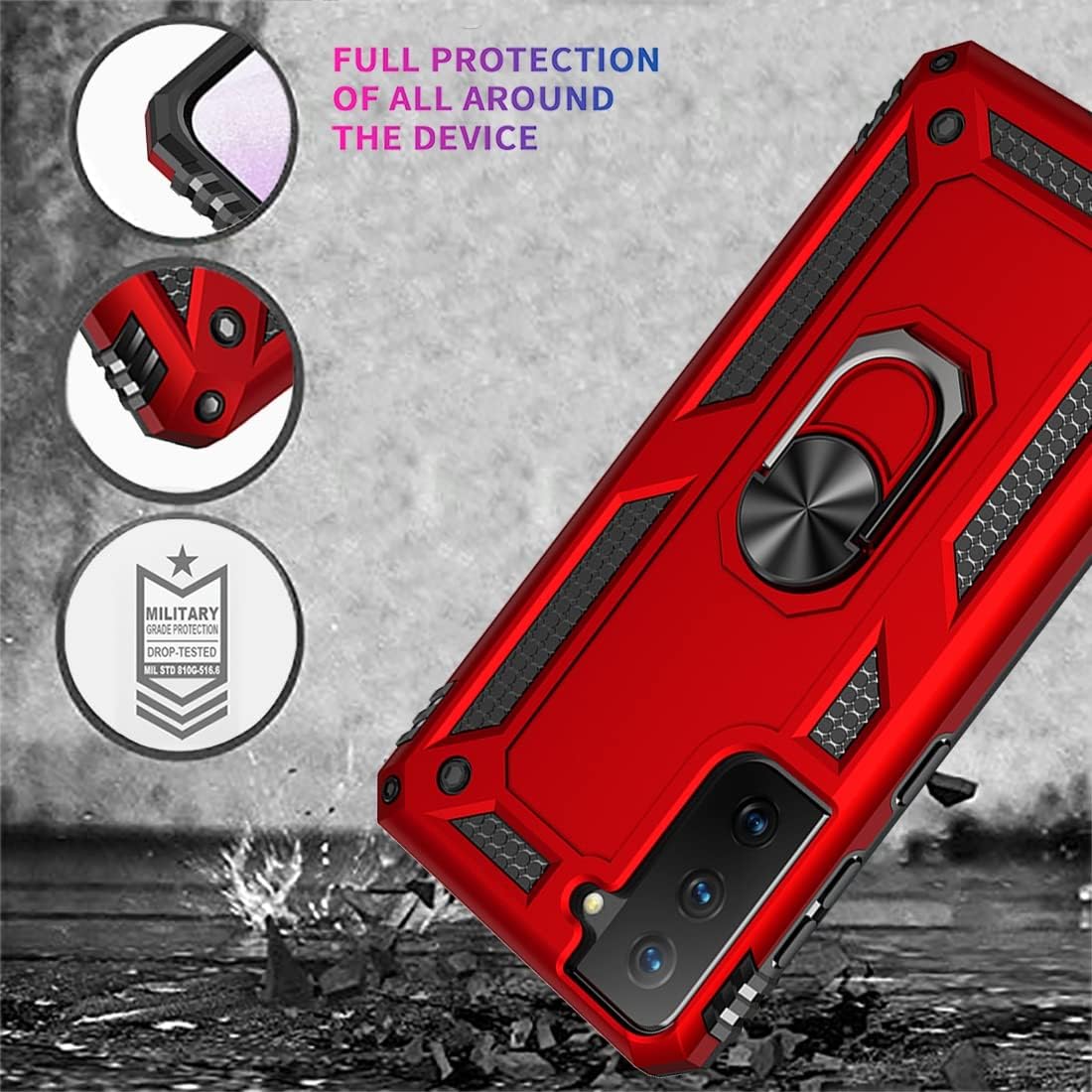 Funda para Galaxy S21 Plus 5GS21+ SM-G996U con protector de pantalla de vidrio templado, grado militar magnético para Samsung Galaxy S21 Plus (rojo)