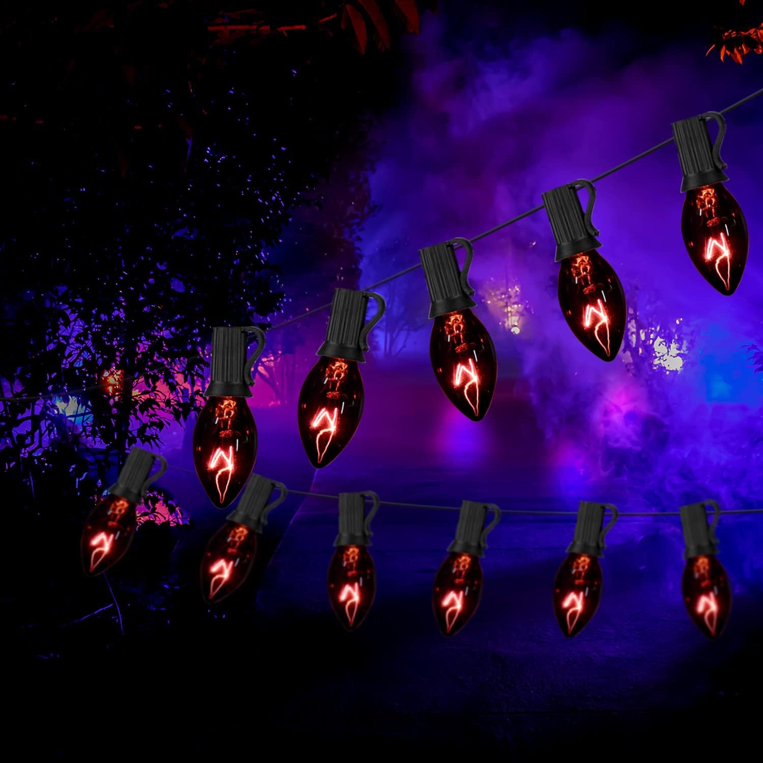 Guirnalda de luces C7 de 25 pies, color morado oscuro, luces de Halloween, ideales como decoraciones de Halloween para el hogar, fiesta, patio,