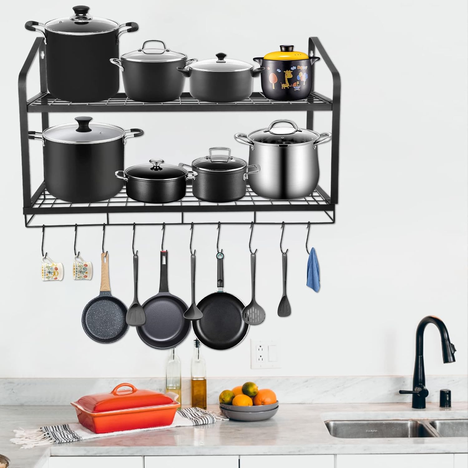 Estante colgante para ollas, 2 niveles, soportes para ollas de pared para almacenamiento de cocina, organizador de ollas y sartenes con 10 ganchos,