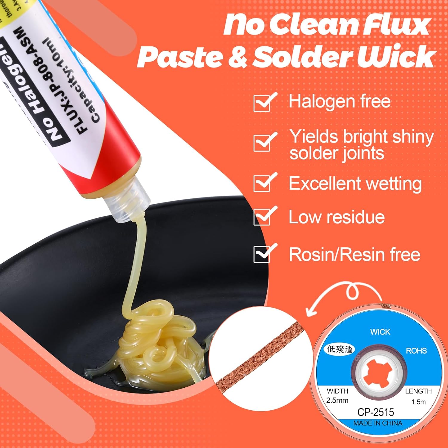 Blulu 6 unids 0.3 fl oz 8341 Pasta de fundente de soldadura sin limpieza y mechas de soldadura pegajosa fundente de soldadura con émbolo y punta