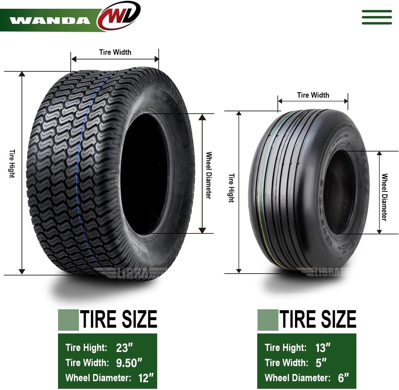 WANDA Juego de 4 neumáticos de césped para cortacésped de giro cero 13×5-6 delanteros y 23×9.5-12 traseros4PR -1308013047