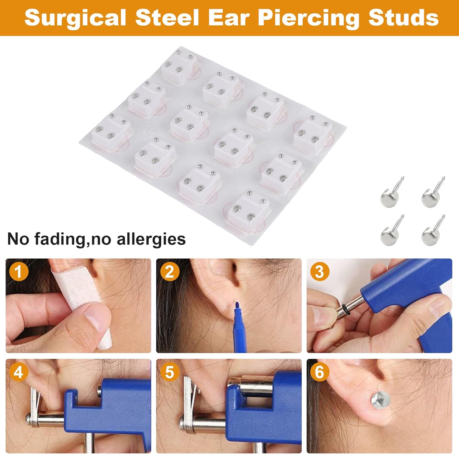 12 pares de piercings de oreja de acero inoxidable, aretes de acero quirúrgico, piercing de oreja de alta calidad, aretes de tapón de oreja, aretes