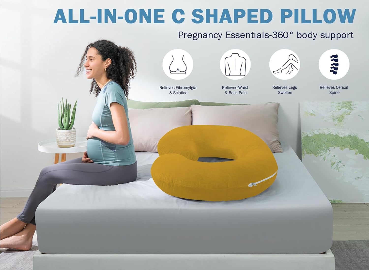 Almohadas de embarazo de 57 pulgadas, almohada de cuerpo completo en forma de C, funda de algodón egipcio dorado, almohadas de embarazo para dormir,