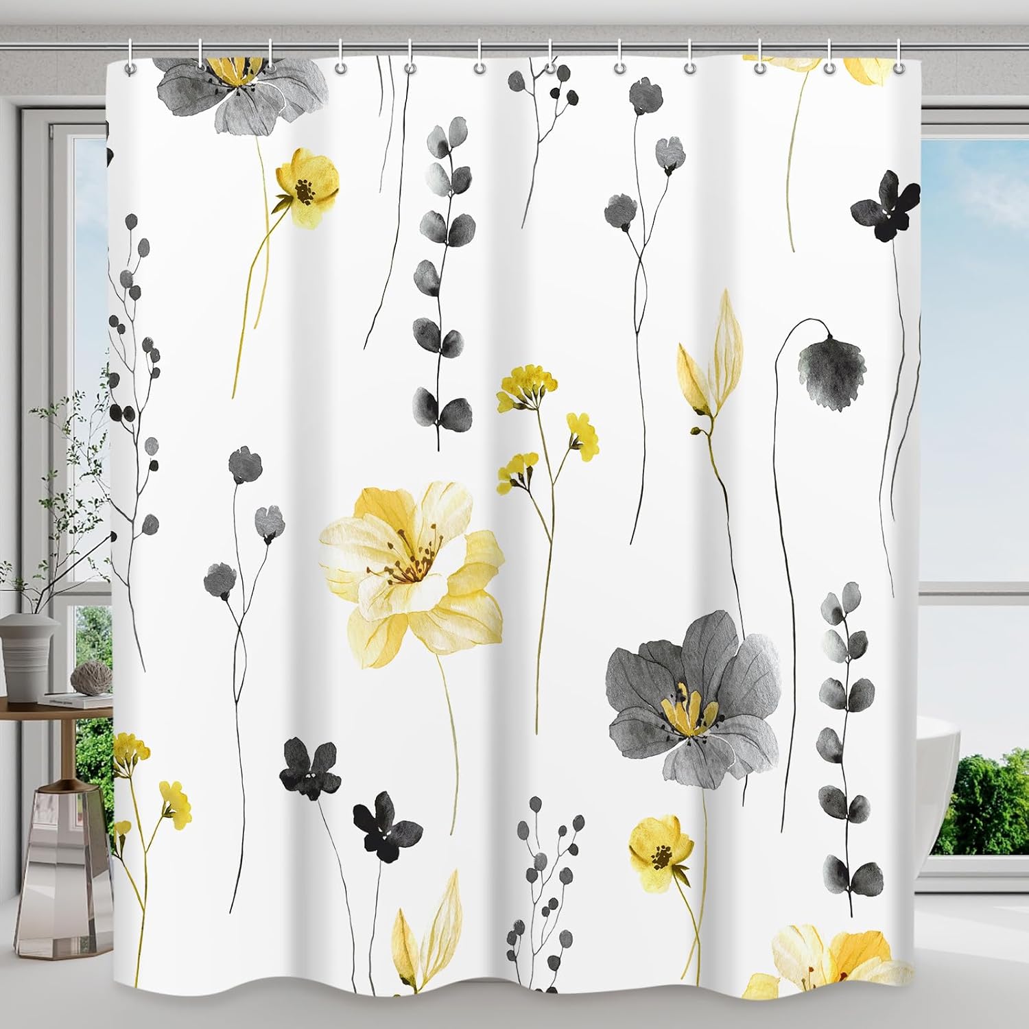Juego de cortinas de ducha de flores de acuarela – Cortinas de ducha de plantas florales de primavera amarillo gris para baño, lavable, tela moderna