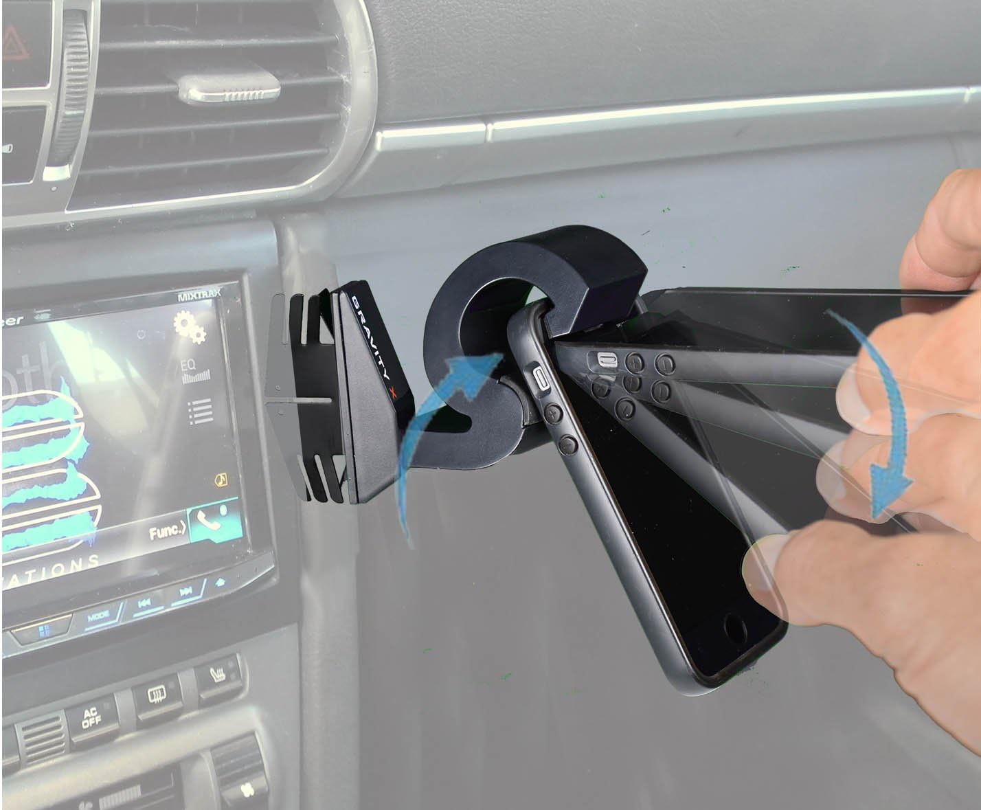 El galardonado diseño patentado del soporte para teléfono del coche utiliza solo gravedad y apalancamiento, se monta en segundos con una mano.