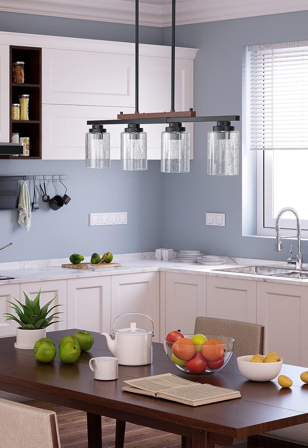 Amico Iluminación de isla de cocina, luces colgantes de granja para isla de cocina, candelabros para comedor con pantalla de vidrio y varillas