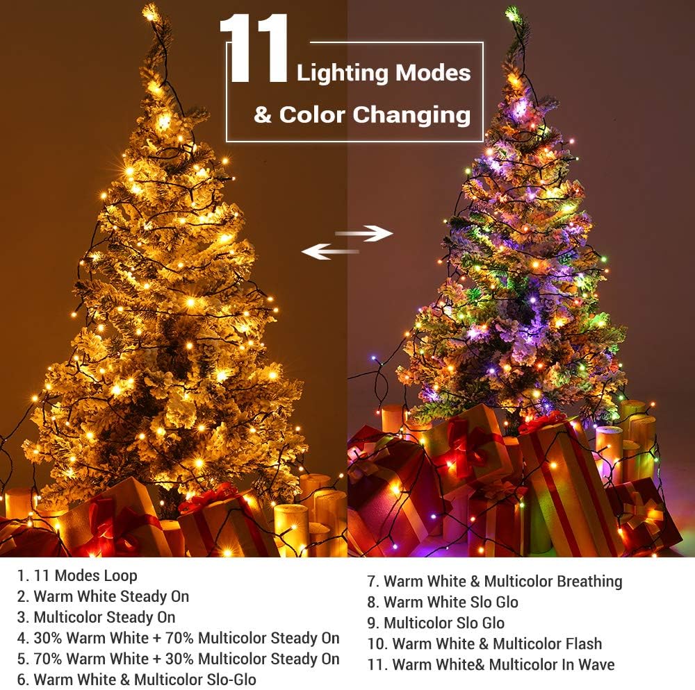 PhilzOps Luces de Navidad, 200 luces LED de 82 pies que cambian de color, blanco cálido y multicolor, con control remoto, 11 modos conectables,
