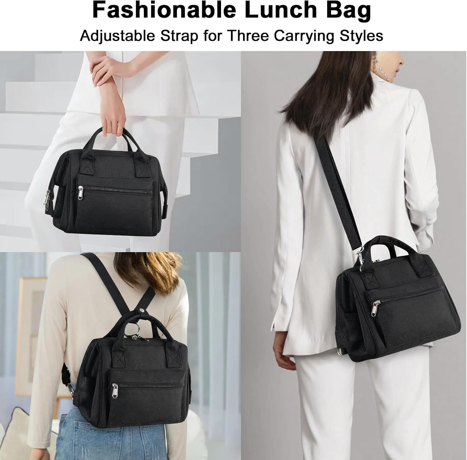 Lonchera negra para mujer con correa para el hombro, pequeña lonchera aislada para adultos, mochila de almuerzo a prueba de fugas para el trabajo,