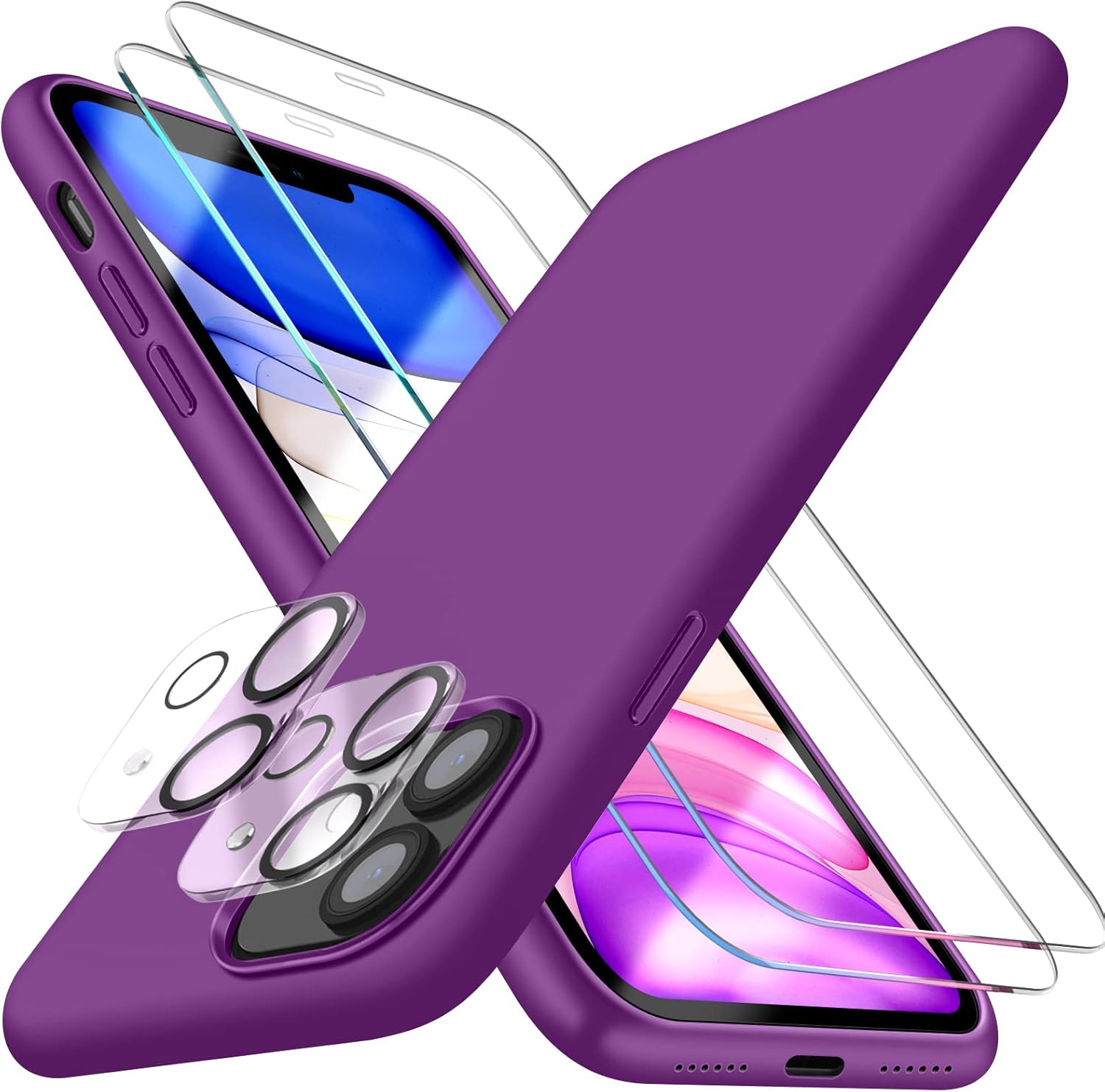 Funda 5 en 1 para iPhone 11 de 6.1 pulgadas, con 2 protectores de pantalla + 2 protectores de lente de cámara, funda protectora delgada de silicona