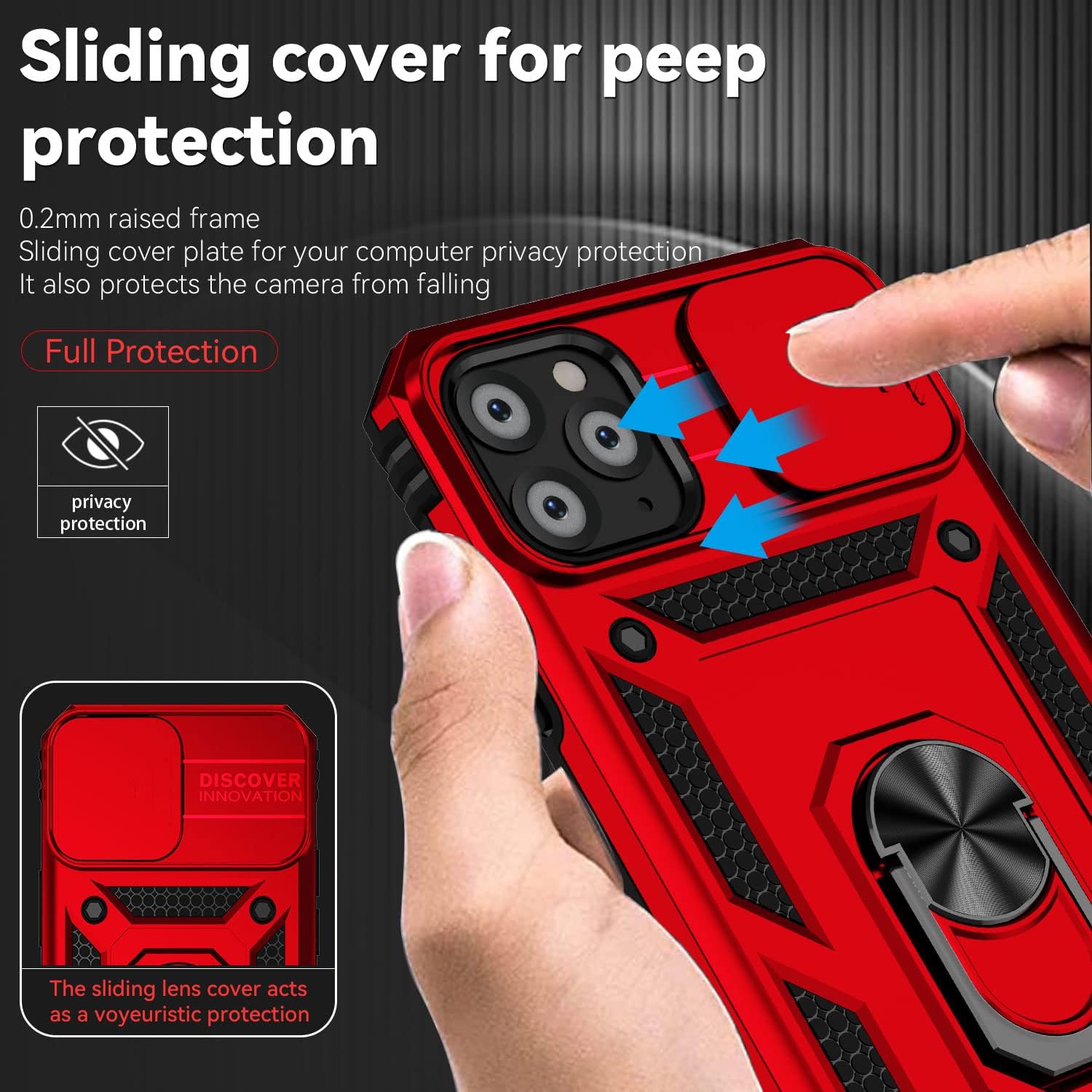 Funda para iPhone 11 Pro Max con cubierta deslizante para cámara + protector de pantalla HD, soporte de anillo giratorio de grado militar a prueba