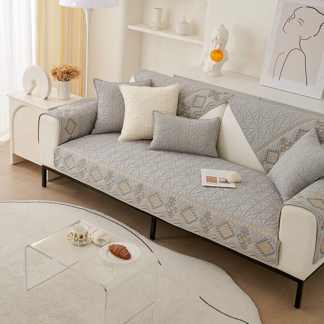 vctops Noly – Funda acolchada para sofá modular con bordado geométrico bohemio, funda antideslizante para sofá, protector de muebles para perros,