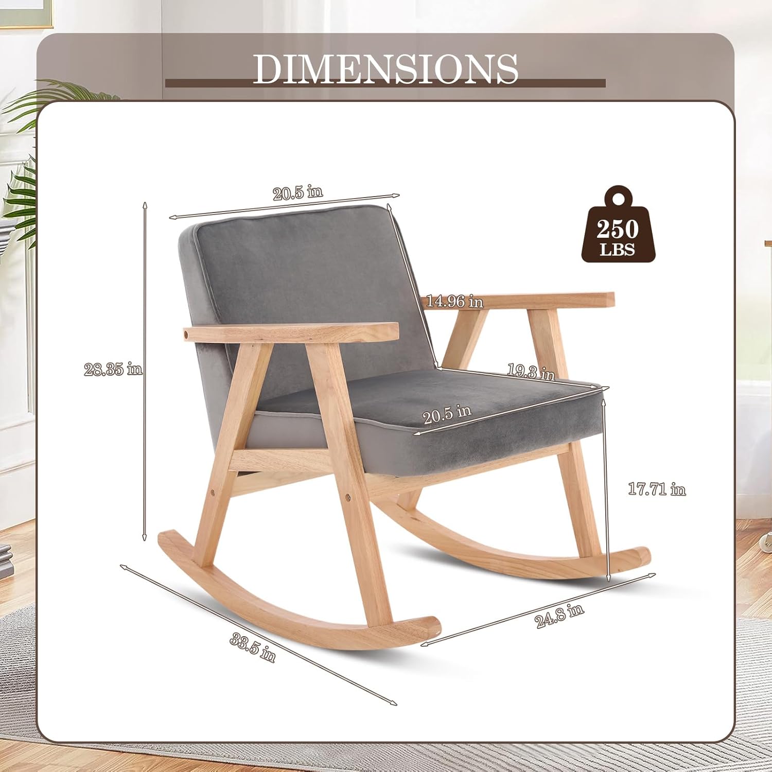 JEEOHEY Mecedora de terciopelo moderno de mediados de siglo, cómoda silla tapizada con brazo deslizante con madera maciza para sala de estar,