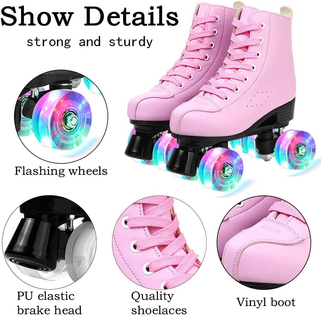 Patines para mujer, de piel sintética, patines brillantes ajustables, patines de 4 ruedas, de doble línea para chica.