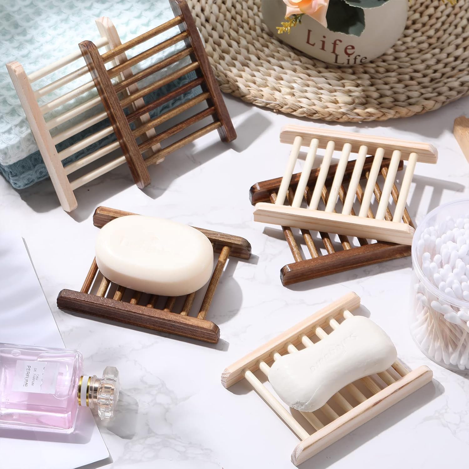 Rtteri Jabonera de madera de bambú para baño, soporte de jabón de madera hecho a mano, accesorios para el hogar, baño, cocina, esponja (100 piezas)