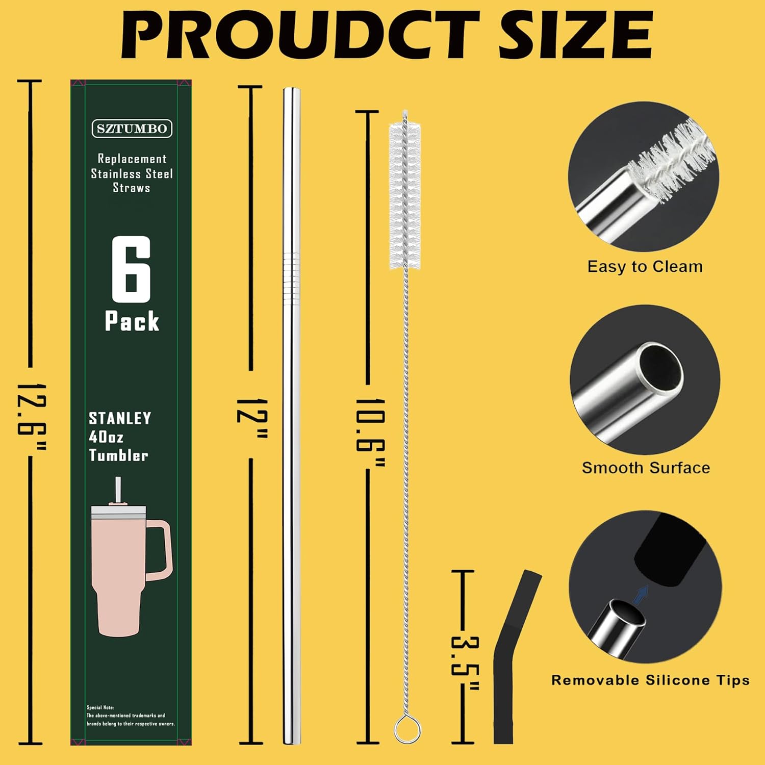 Sztumbo Paquete de 6 popotes rectos de acero inoxidable reutilizables de 12 pulgadas, con 6 puntas de silicona y 2 cepillos de limpieza para vaso