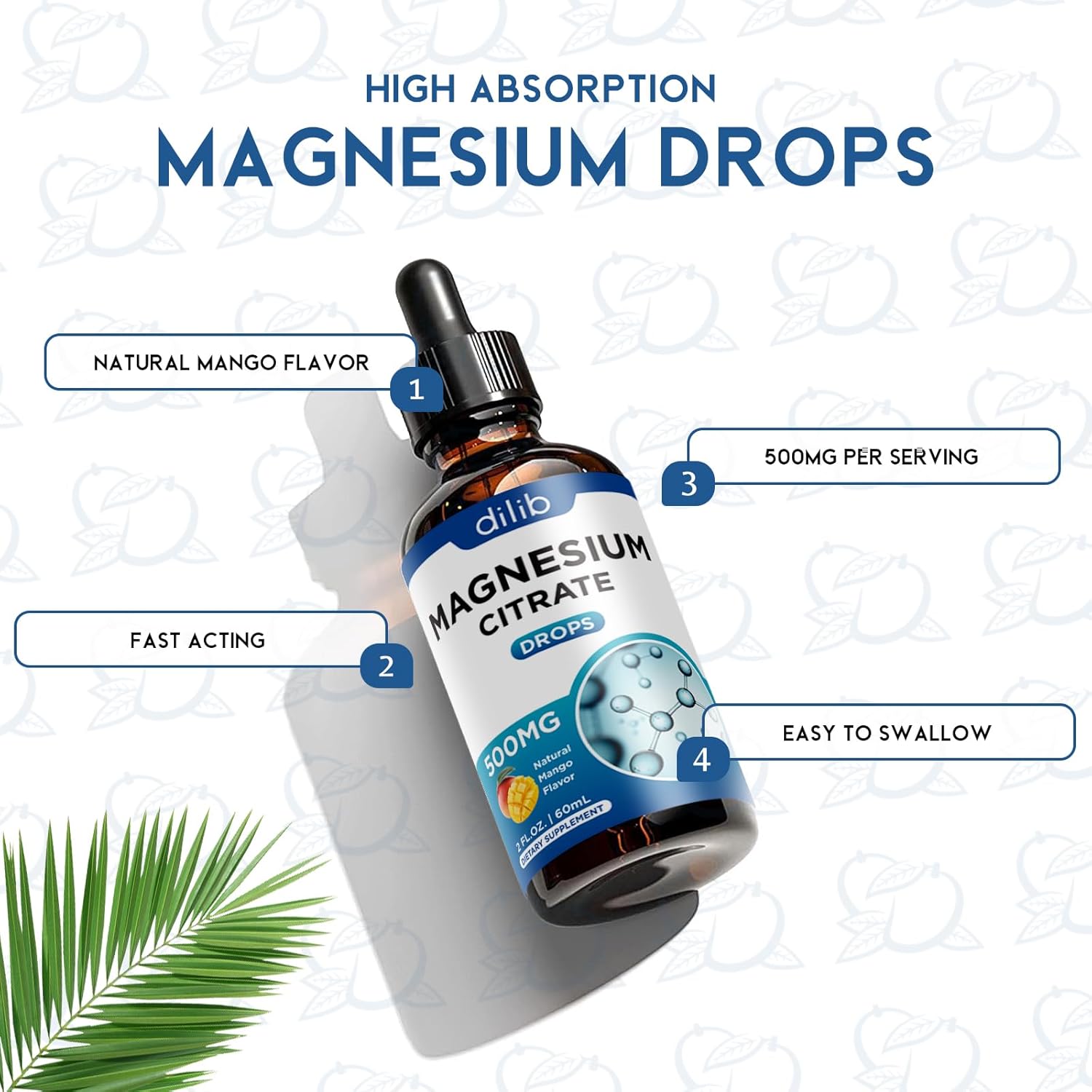Suplemento líquido de citrato de magnesio de 500 mg, ayuda al alivio del estrés, hueso, músculo, estado de ánimo, sueño, 2 onzas líquidas, vegano,