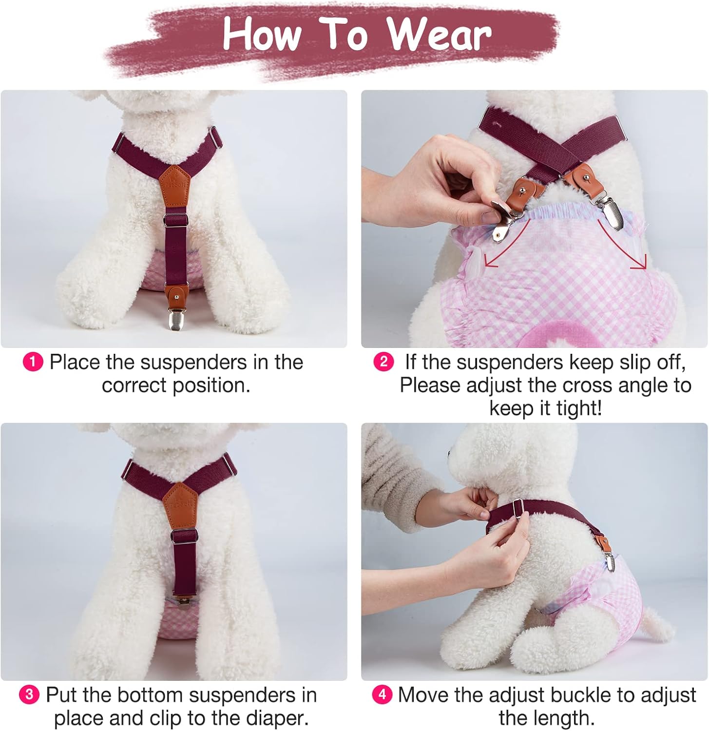 Pet Soft Tirantes para perro, 2 piezas de tirantes de pañales para perras, para falda de perro, vestido para perro (color marrón y borgoña, ML)