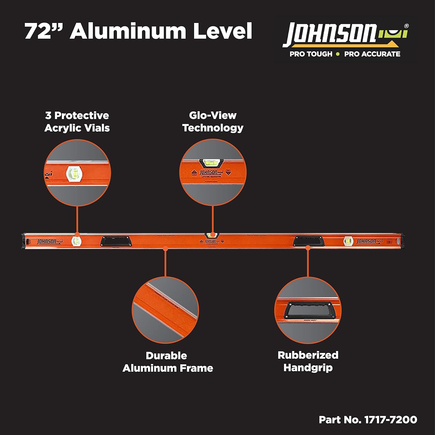 Johnson Level & Tool 1717-7200 – Nivel de caja de aluminio resistente, 72 pulgadas, naranja, 1 nivel