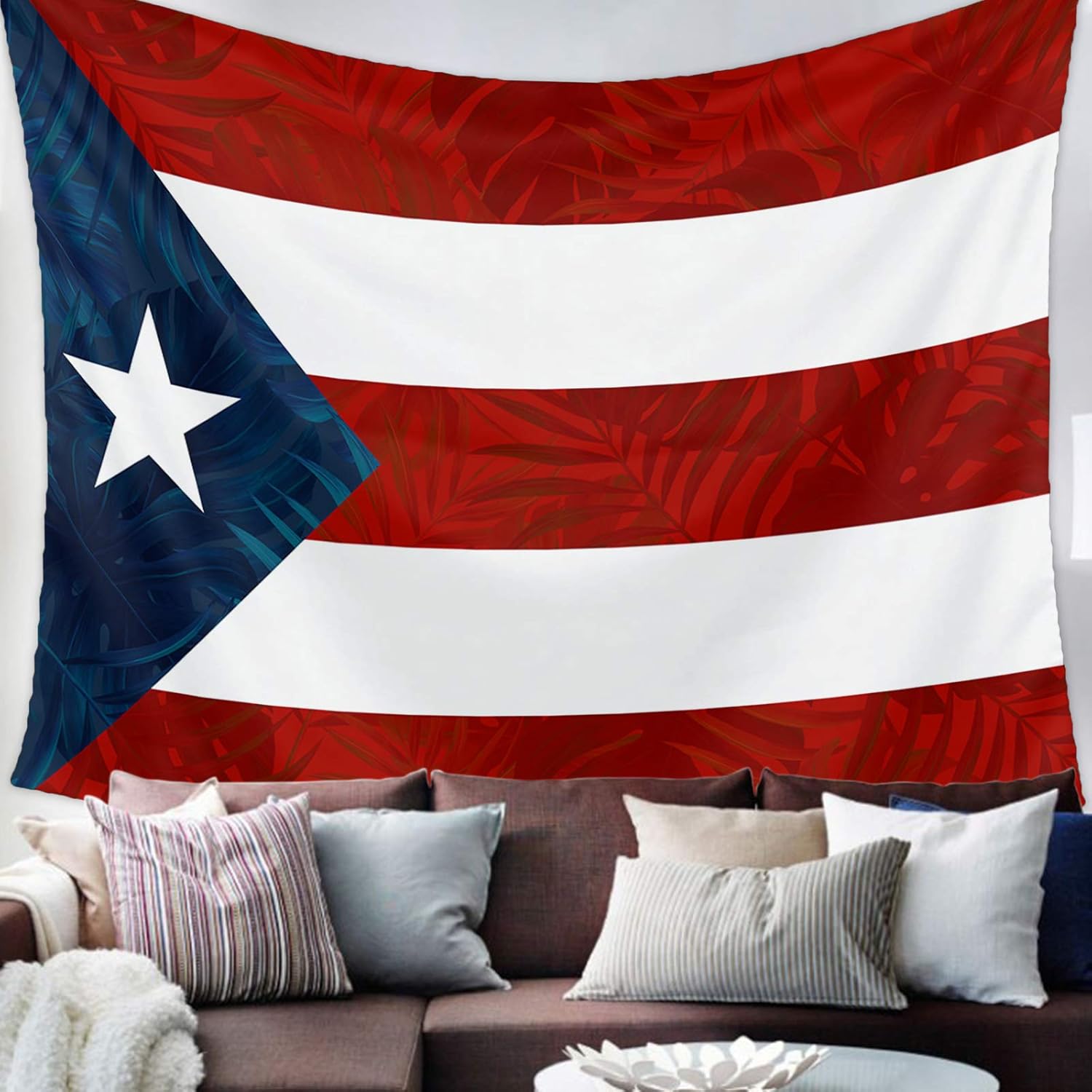 Tapiz para colgar en la pared, tapices estéticos de bandera de Puerto Rico, estrella de hojas de palmera, rayas rojas y azules, tapiz patriótico