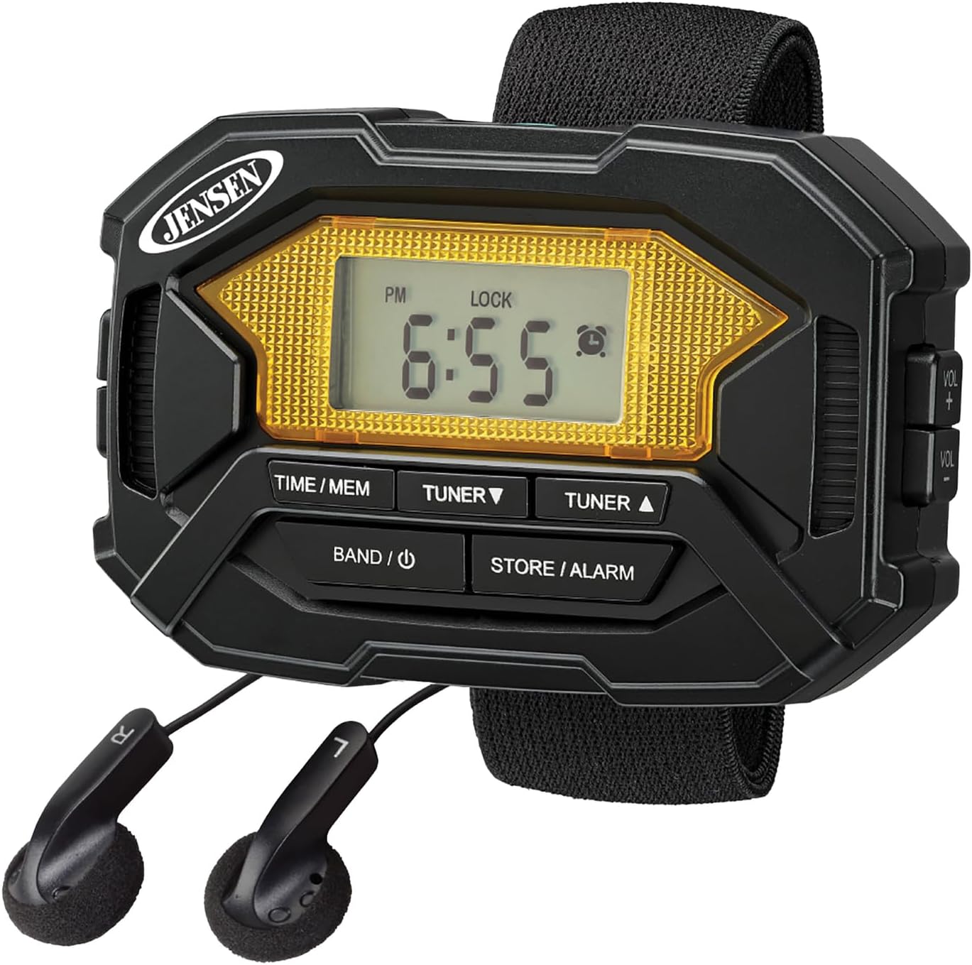 Jensen SAB-60 Brazalete Digital AMFM Radio Estéreo con Reloj y Auriculares, Negro, SAB-60
