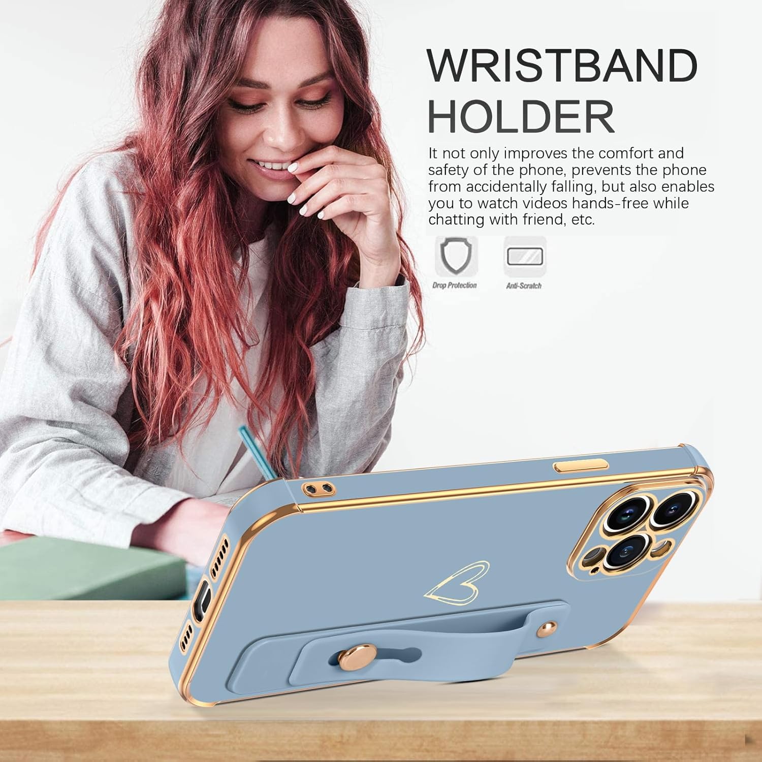 BENTOBEN Funda para teléfono iPhone 13 Pro Max, con correa ajustable con bonito corazón, soporte de soporte, a prueba de golpes, protección de TPU