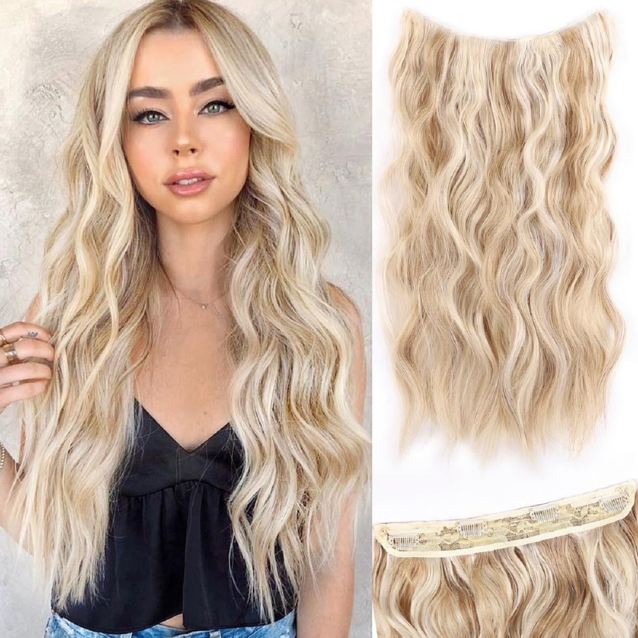 Extensión de cabello de alambre invisible con diadema de alambre transparente, tamaño ajustable, 4 clips de seguridad de 24 pulgadas de largo,