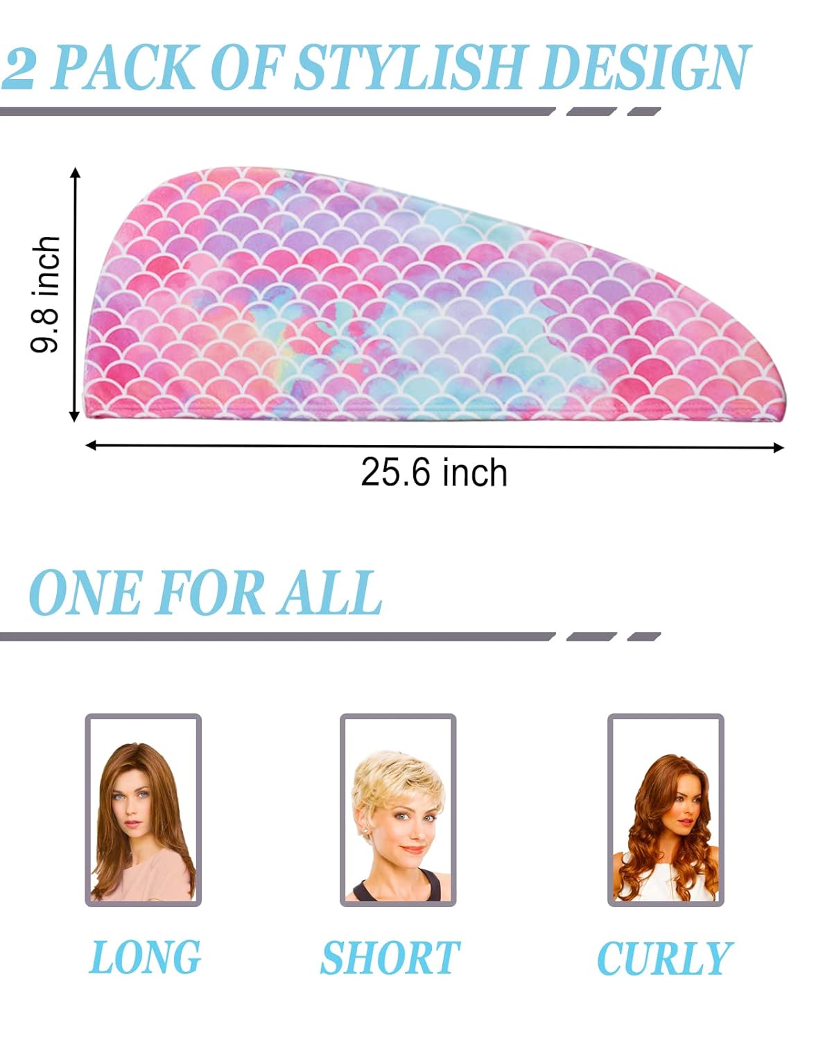 ELLEWIN Toalla de microfibra para el cabello para niños y niñas, paquete de 2 unidades de secado de turbante para mujeres, juego de toalla