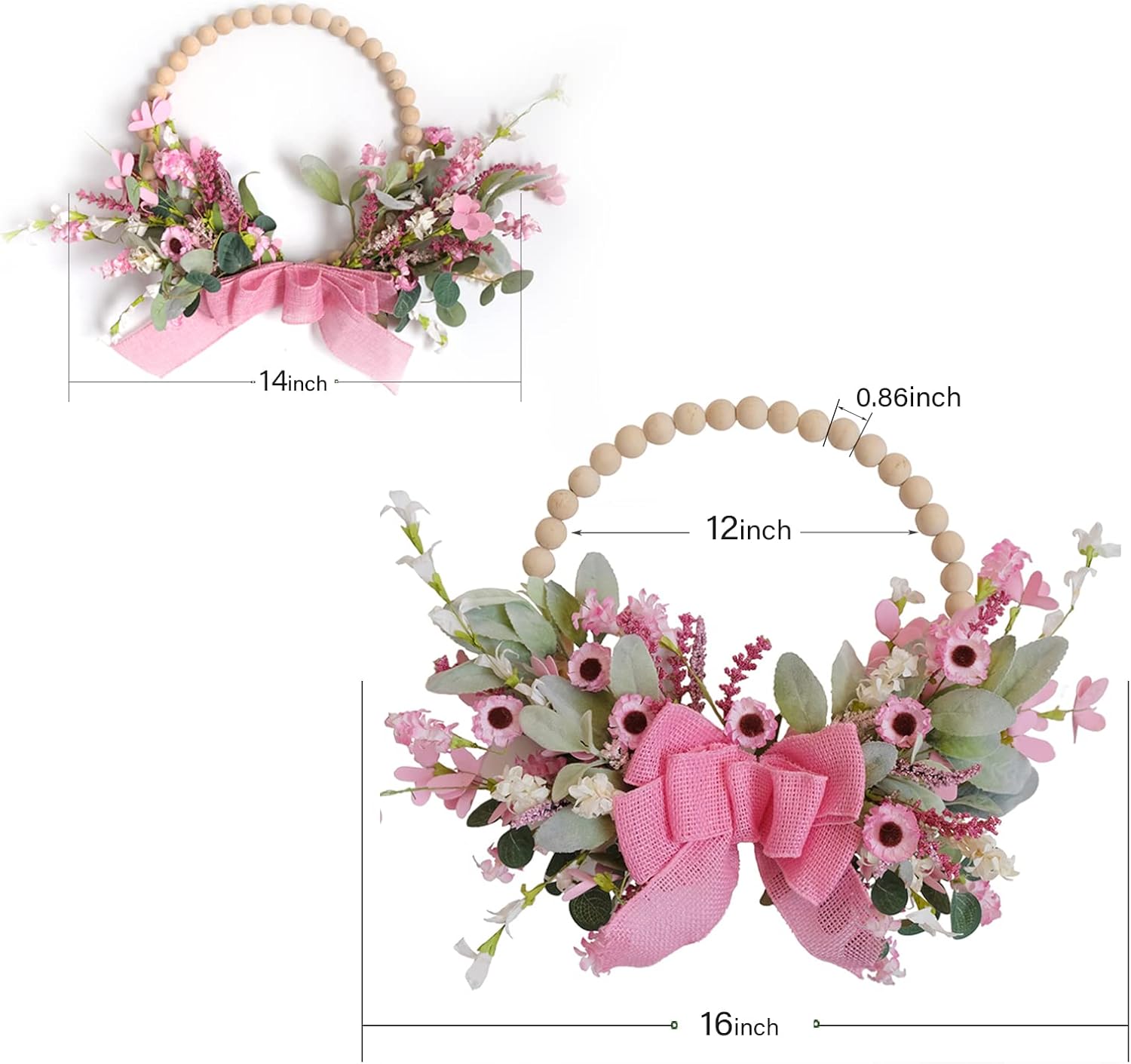 TEMPUS Corona de puerta con cuentas de madera de primavera de 16 pulgadas, margarita rosa, corona de lazo de arpillera, día de San Valentín,