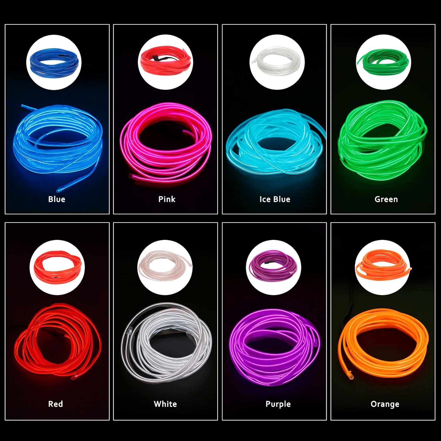 EL Wire Interior Car LED Strip Lights, FICOLPO 5 in 1 23FT USB Auto Neon Wire Lights with 6mm Sewing Edge- Glowing Electroluminescent Wire, Ambient