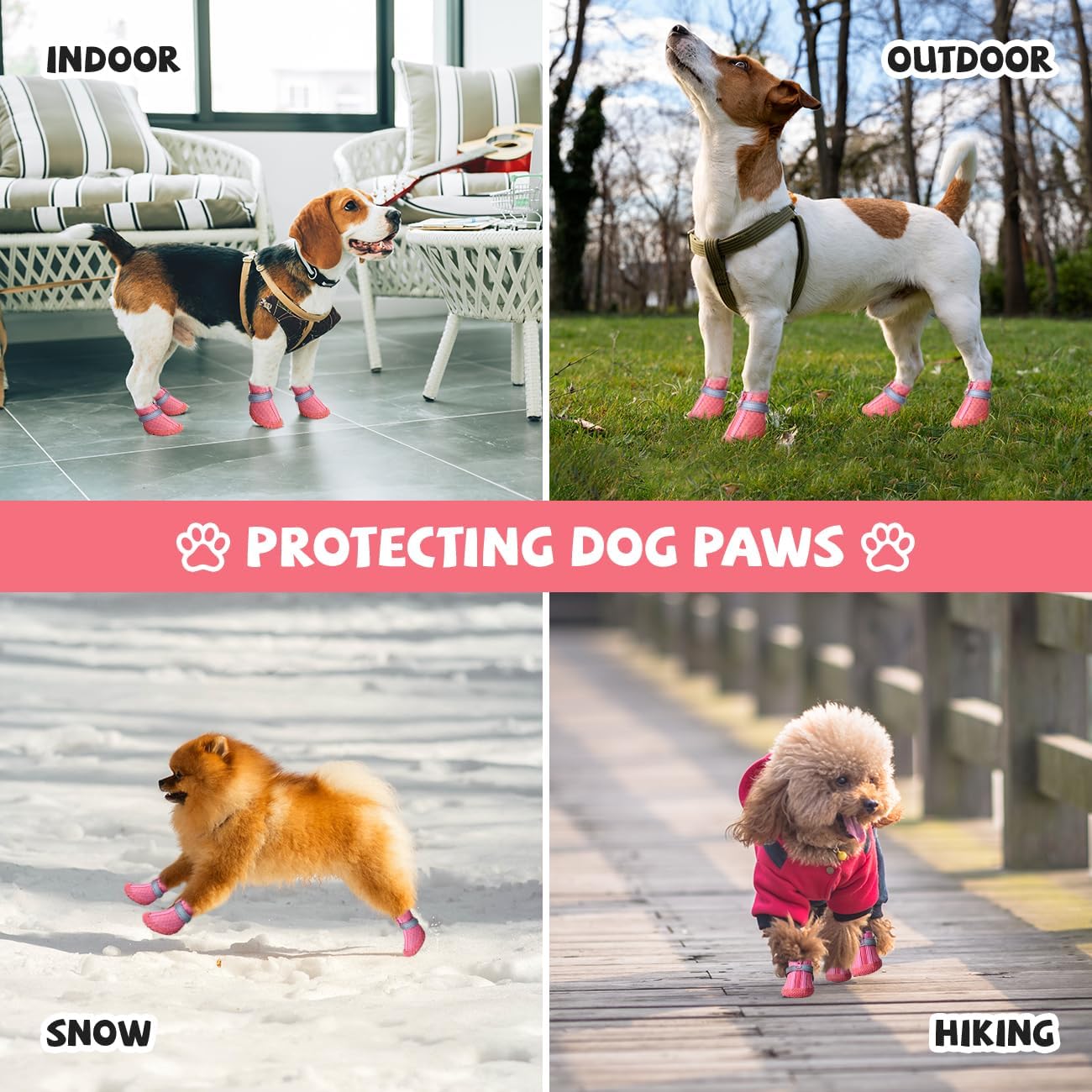 Zapatos rosas para perros pequeños, botas antideslizantes para perros con tiras reflectantes, protectores de patas de cachorro para exteriores,