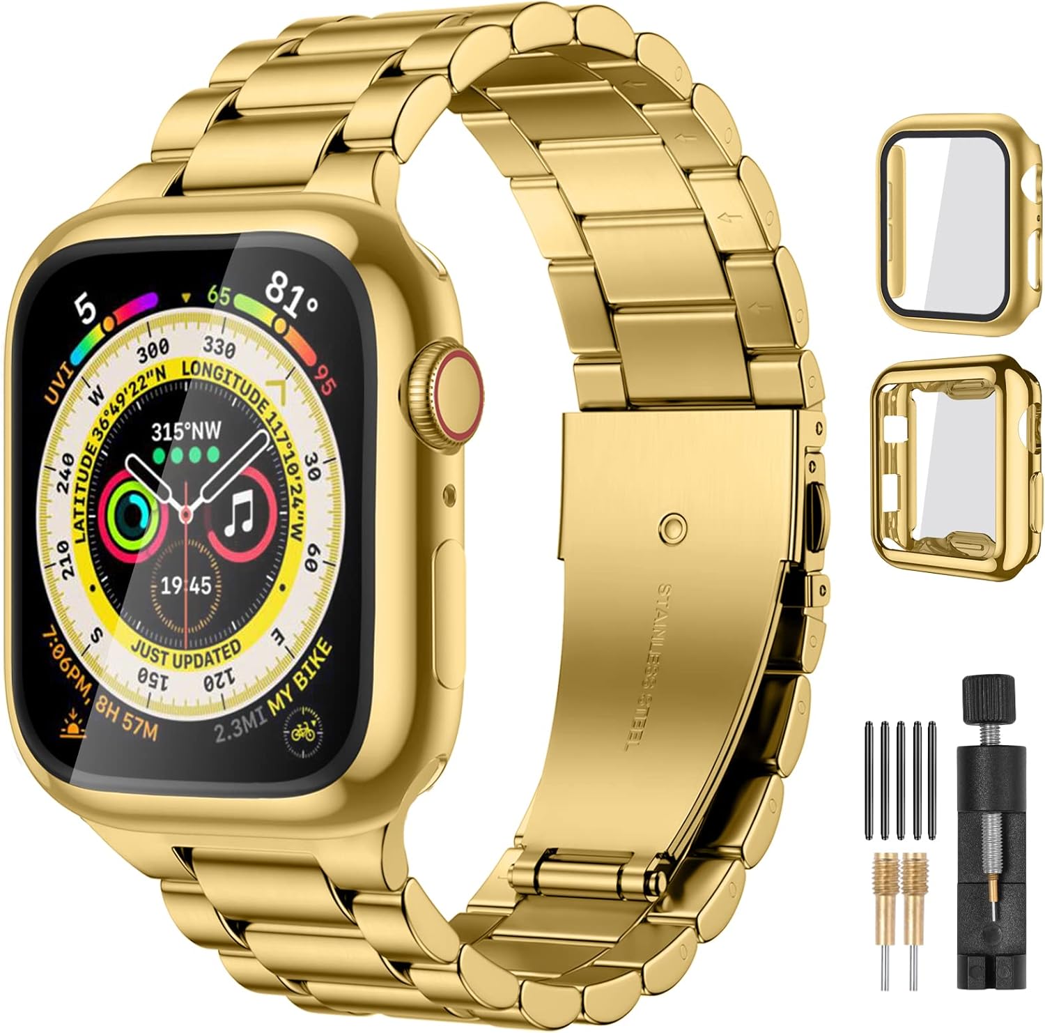 Lerobo Compatible con Apple Watch Band Ultra de 1.929 in 1.732 in 1.772 in 1.654 in 1.496 in 1.575 in 1.614 in, correa de metal de acero inoxidable