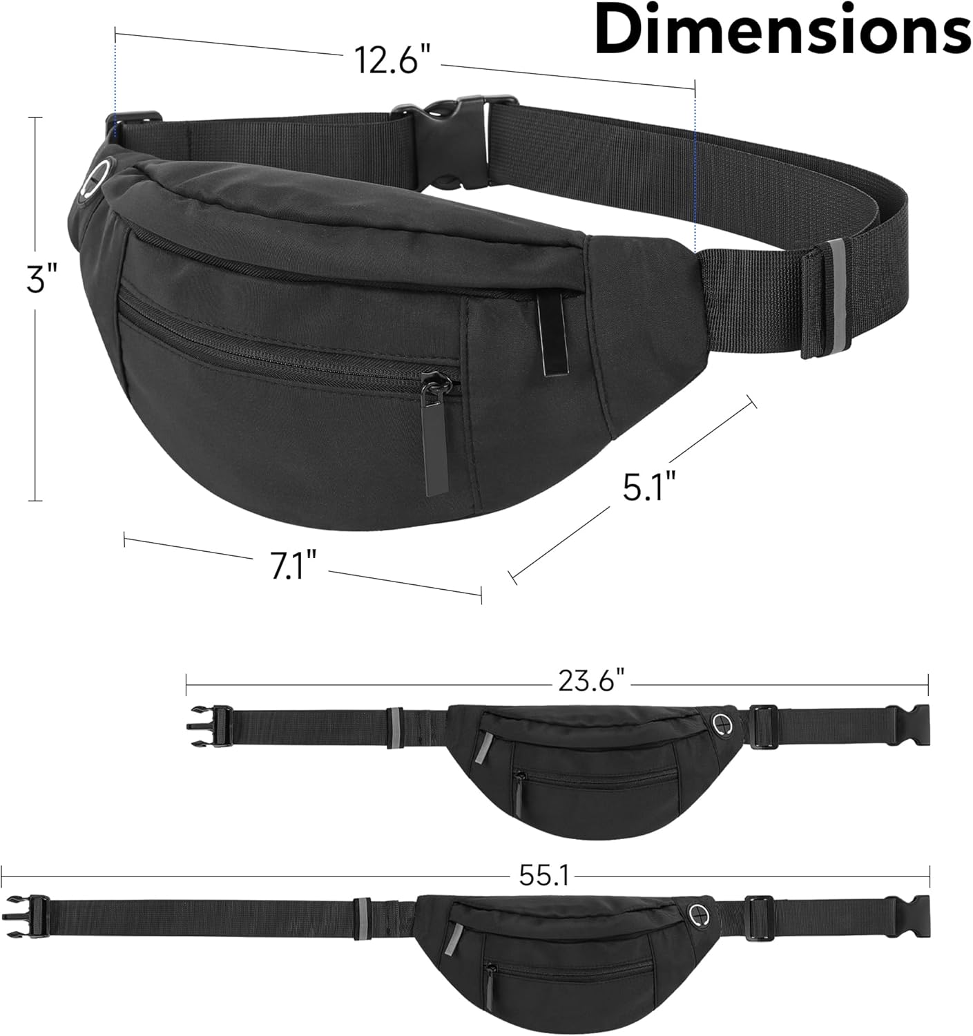 Riñonera grande con 4 bolsillos con cremallera, para mujer y hombre, con correa ajustable para viajes, correr, senderismo, 4-Cremallera Negro, Large