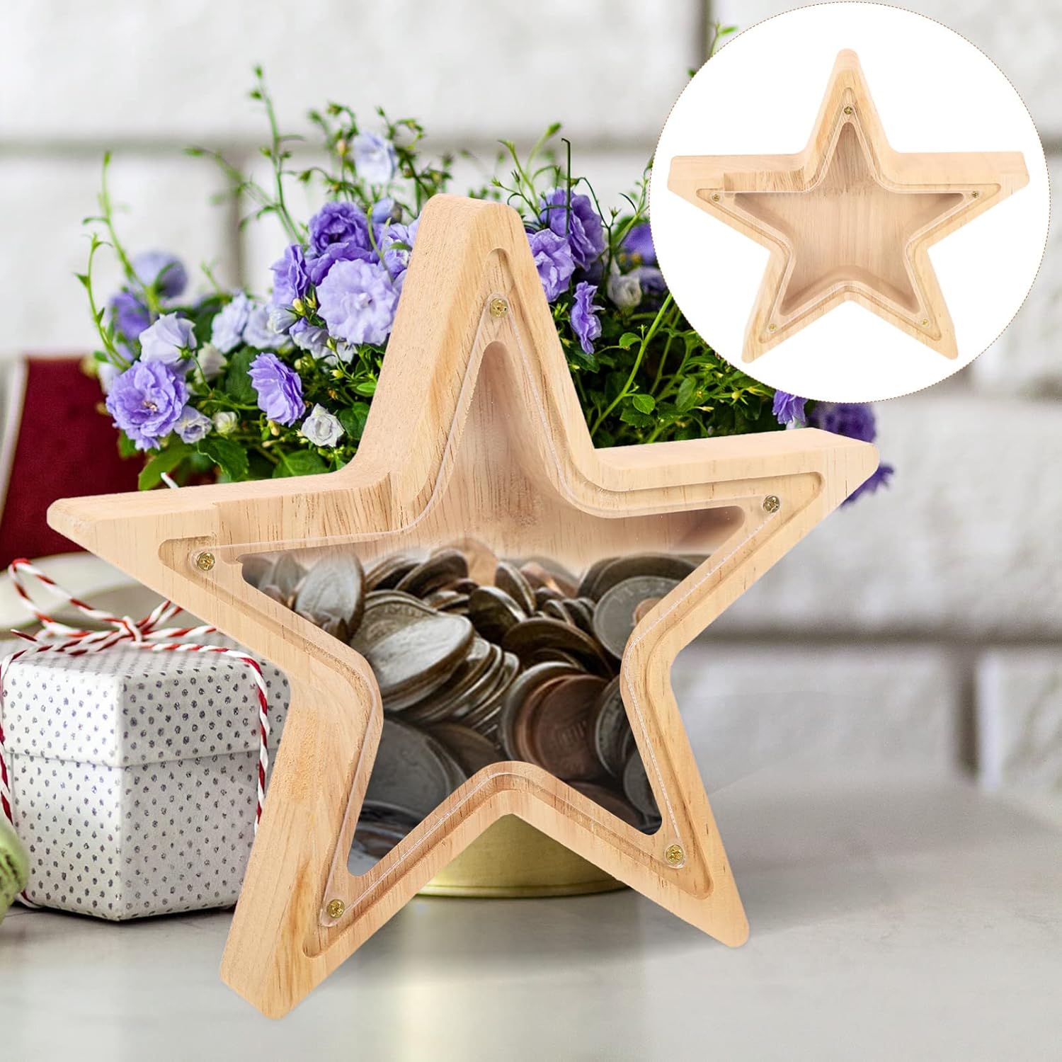 Zerodeko Hucha de madera para el hogar, alcancía para adolescentes, con forma de estrella, alcancía transparente para niños y niñas, bebé, primera