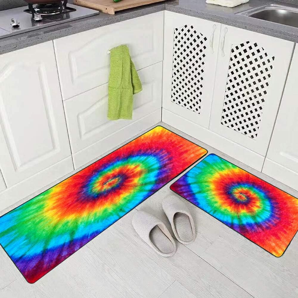Juego de 2 alfombras de cocina de 17 x 48 pulgadas, 17 x 24 pulgadas, diseño de teñido anudado en espiral, alfombras y tapetes de cocina