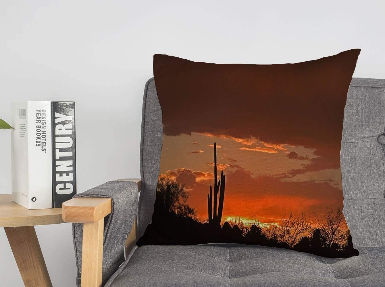Decorative Linen Throw Pillow Cover Dry Landscape Cactus Southwestern Saguaro Silhouette Sundown Red Sky Nature Parks Outdoor Natural Cozy Cushion