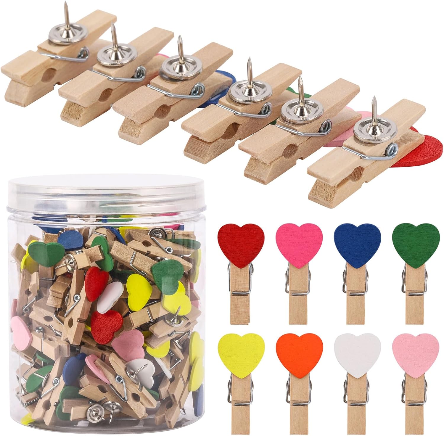 100 pines coloridos de corazón con clips de madera, alfileres decorativos, tachuelas para tablero de corcho, tablón de anuncios, notas de obras de